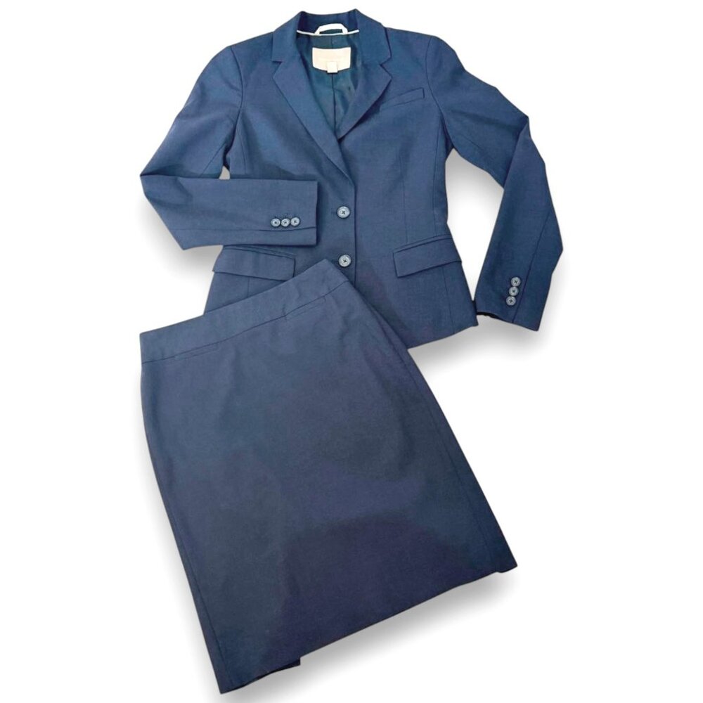 Banana Republic 2 Piece Skirt Suit Set Women's Size 0 Petite 95% Wool Navy Blue